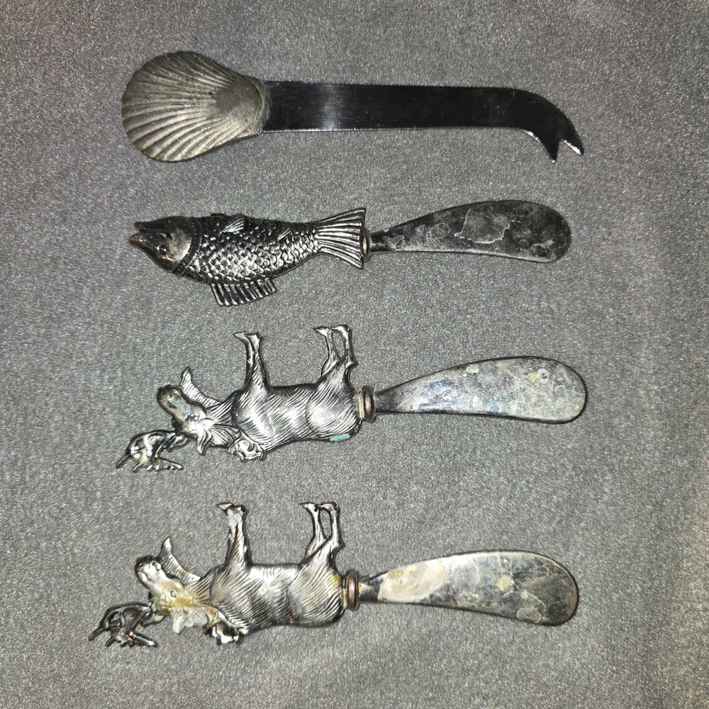 Vintage Style Animal Cheese Knife Spreader Set 4pc Moose Fish Shell Silver Tone - Picture 2 of 3